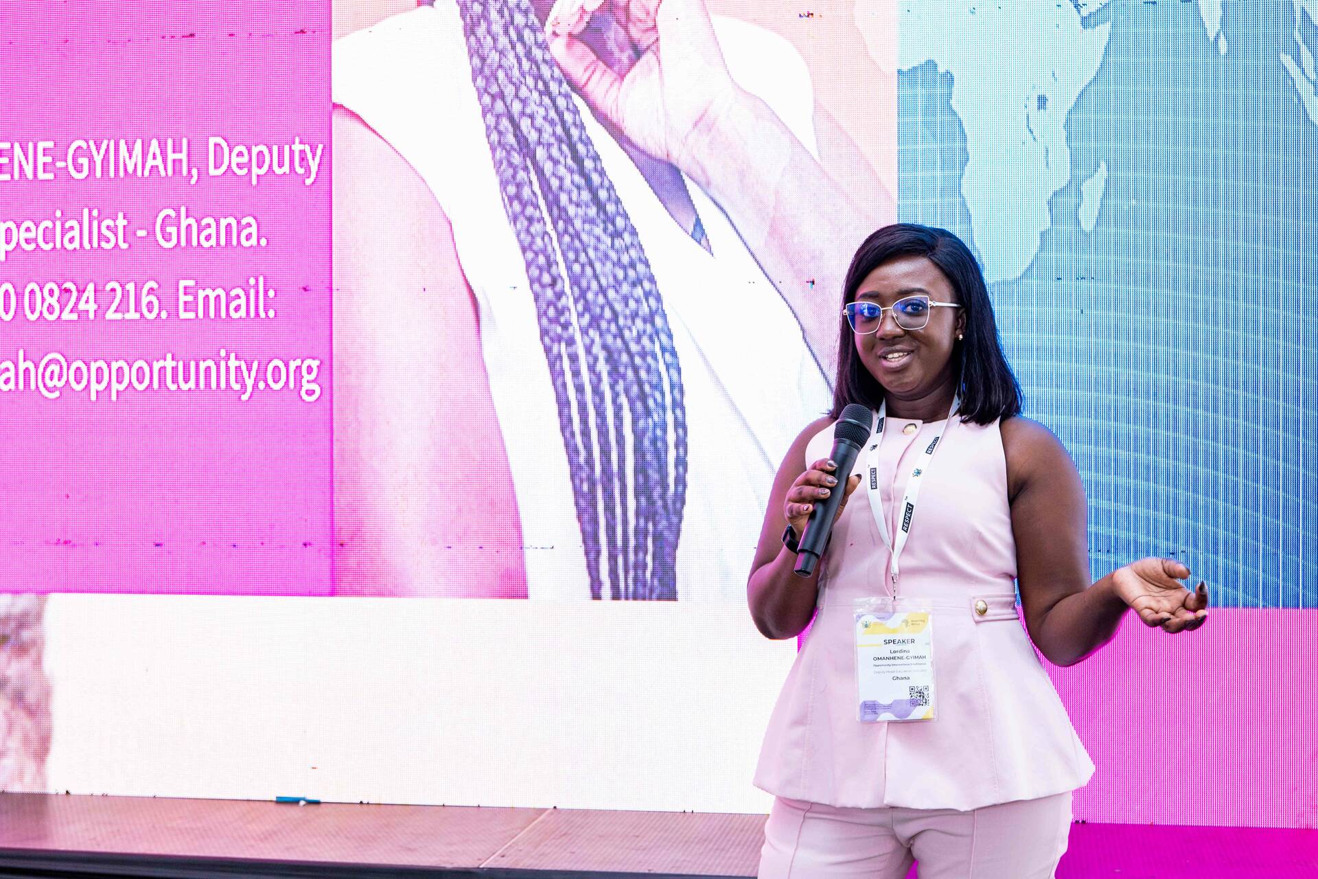 Lordina Omanhene-Gyimah, Education Specialist, sharing insights on inclusive AI and teacher support at the eLearning Africa Conference. Photo by Derrick Osafo / Clearview Africa